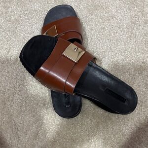 Zara Brown Leather Slide Sandals with Gold Accent